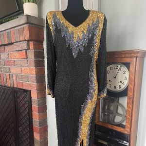 100% Silk Hand beaded Black Gold Blue Eveing Gown